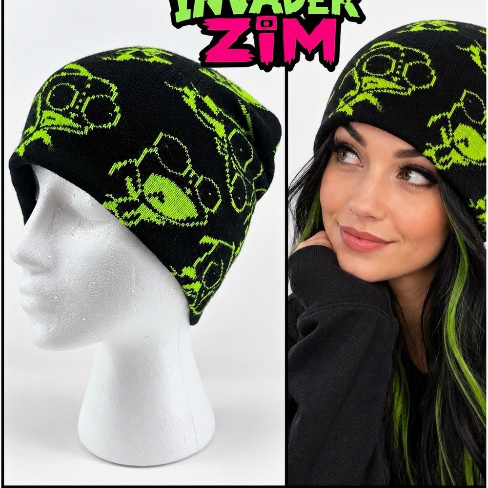 Nickelodeon Invader Zim GIR Beanie Black Neon Green OSFM Knit Hat 2024